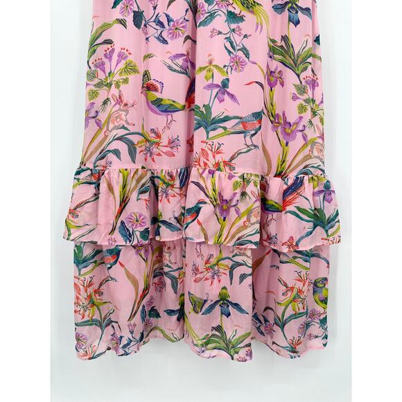 Banjanan 100% Silk Marina Dress Chiffon Maxi Dress Floral V-Neck Ruffle Tiered - Picture 10 of 15